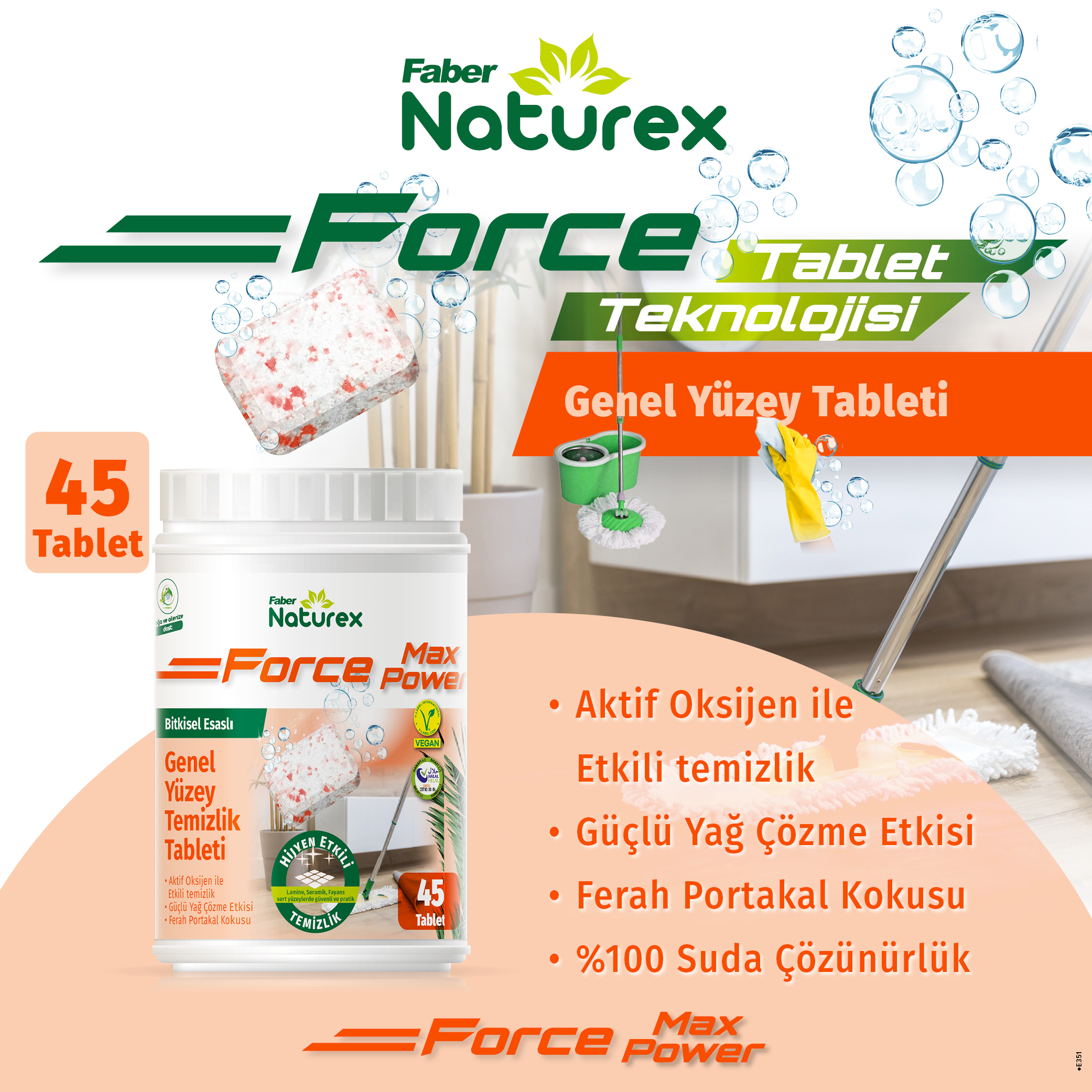 Faber Naturex Force Max Power - Bitkisel Esaslı Genel Yüzey Temizlik Tableti 45 Tablet