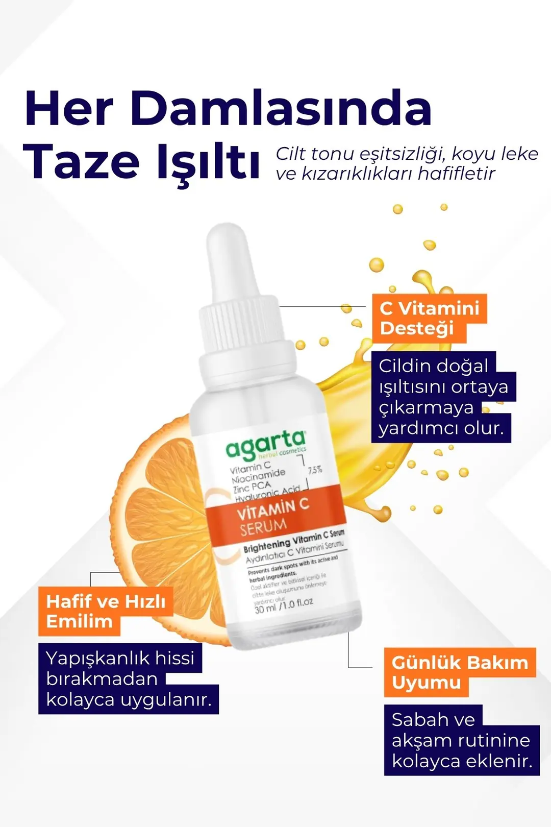 Agarta C Vitamini Serum Aydınlatıcı Koyu Leke Karşıtı (%3,5 Vitamin C, Niacinamide, Zinc PCA) - Görsel 2